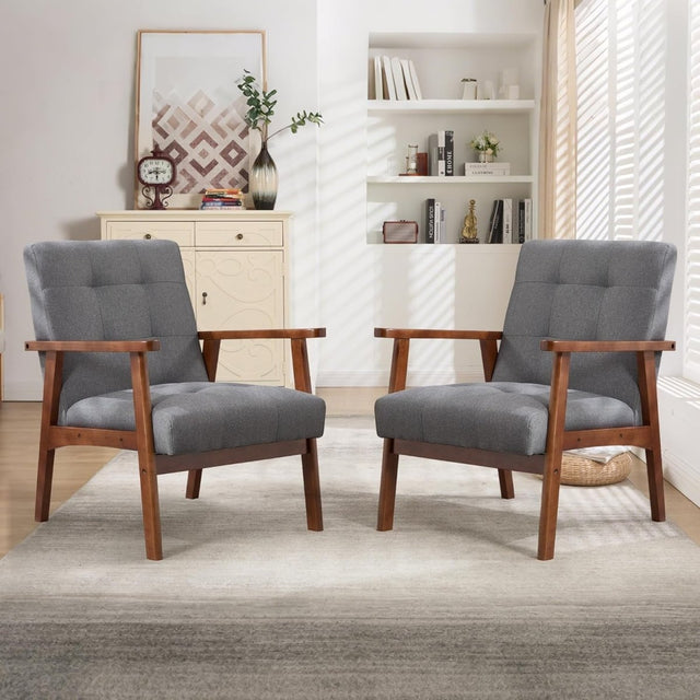 Mid‑Century Linen Accent Chair Set of 2 – Solid Wood Lounge Armchairs Light Grey