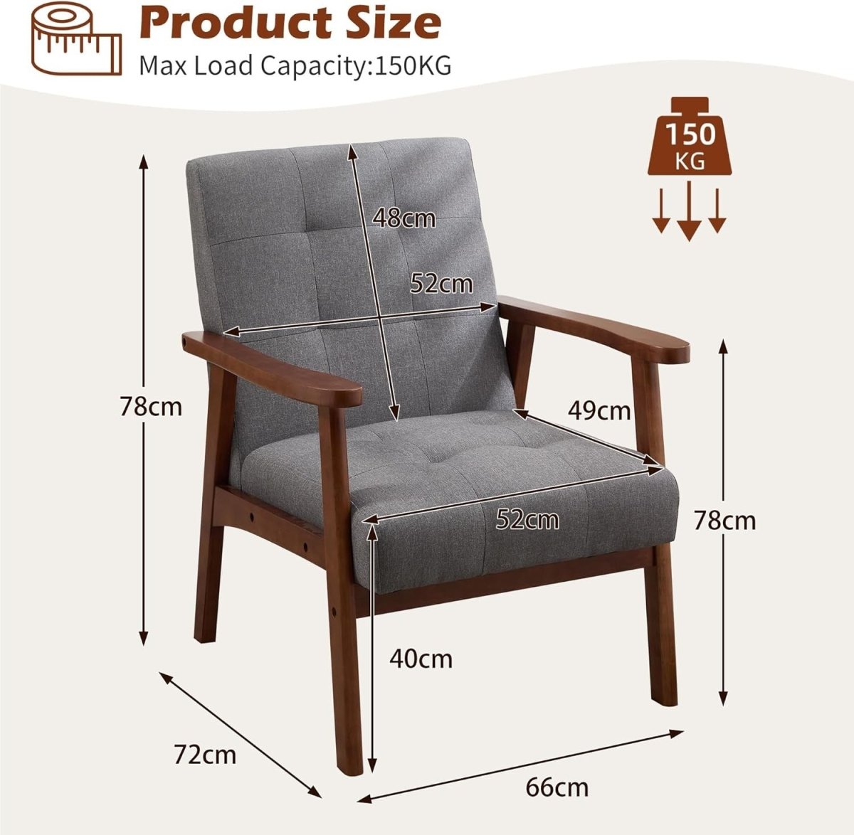 Mid‑Century Linen Accent Chair Set of 2 – Solid Wood Lounge Armchairs Light Grey - Kwikley