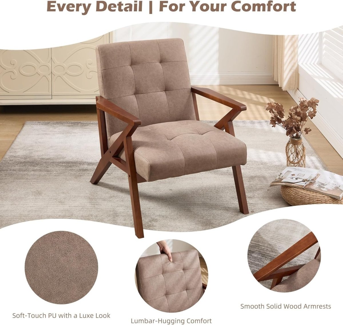 Mid‑Century Modern PU Leather Accent Chair – Khaki Lounge Armchair for Living Ro - Kwikley