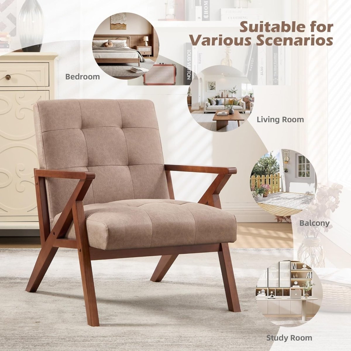 Mid‑Century Modern PU Leather Accent Chair – Khaki Lounge Armchair for Living Ro - Kwikley