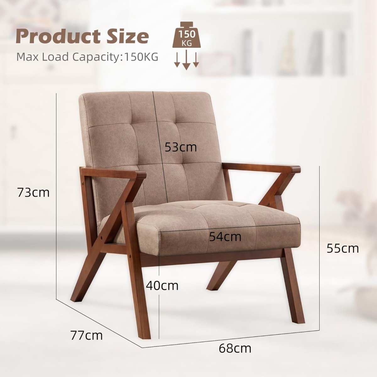 Mid‑Century Modern PU Leather Accent Chair – Khaki Lounge Armchair for Living Ro - Kwikley