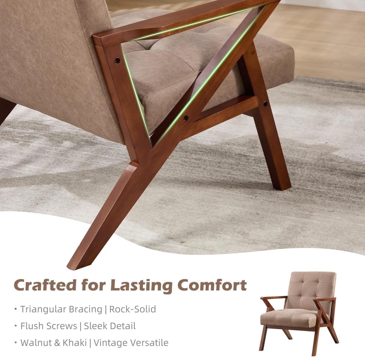 Mid‑Century Modern PU Leather Accent Chair – Khaki Lounge Armchair for Living Ro - Kwikley