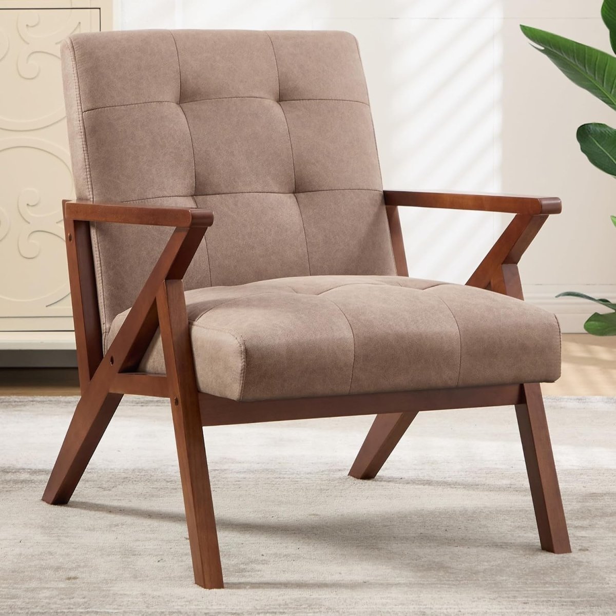 Mid‑Century Modern PU Leather Accent Chair – Khaki Lounge Armchair for Living Ro - Kwikley