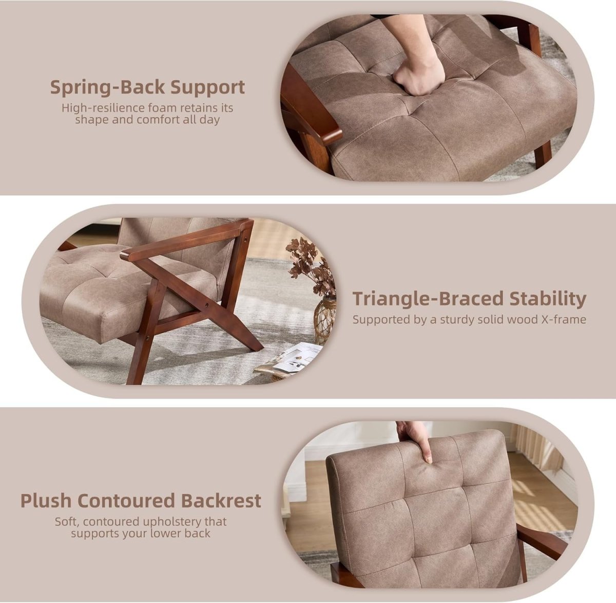 Mid‑Century Modern PU Leather Accent Chair – Khaki Lounge Armchair for Living Ro - Kwikley