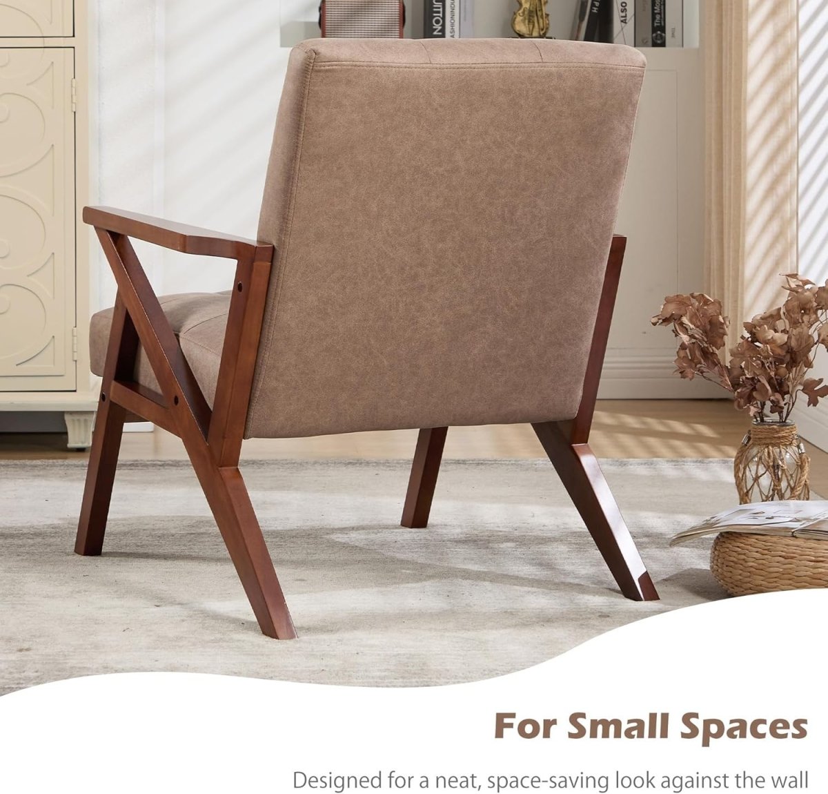 Mid‑Century Modern PU Leather Accent Chair – Khaki Lounge Armchair for Living Ro - Kwikley