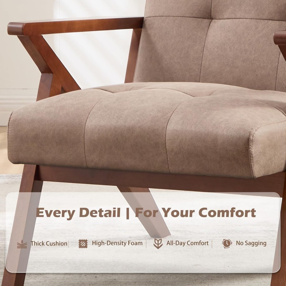 Mid‑Century Modern PU Leather Accent Chair – Khaki Lounge Armchair for Living Ro - Kwikley