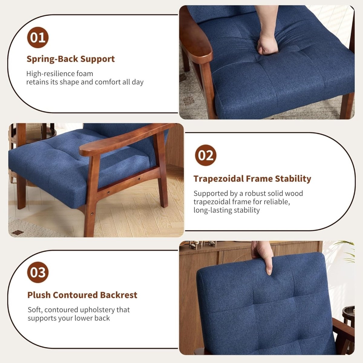 Mid‑Century Modern Upholstered Accent Chair – Blue Linen Lounge Armchair - Kwikley