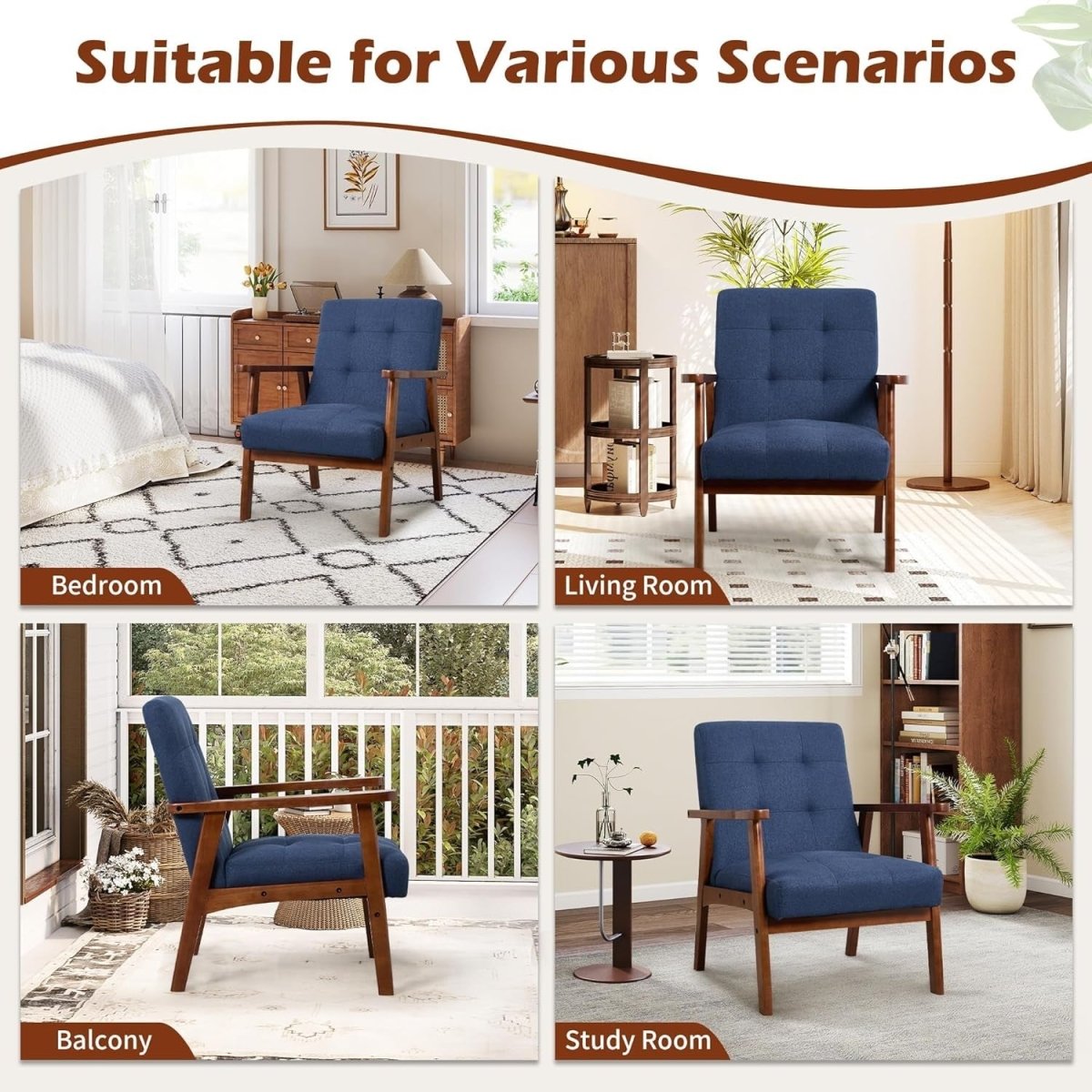 Mid‑Century Modern Upholstered Accent Chair – Blue Linen Lounge Armchair - Kwikley