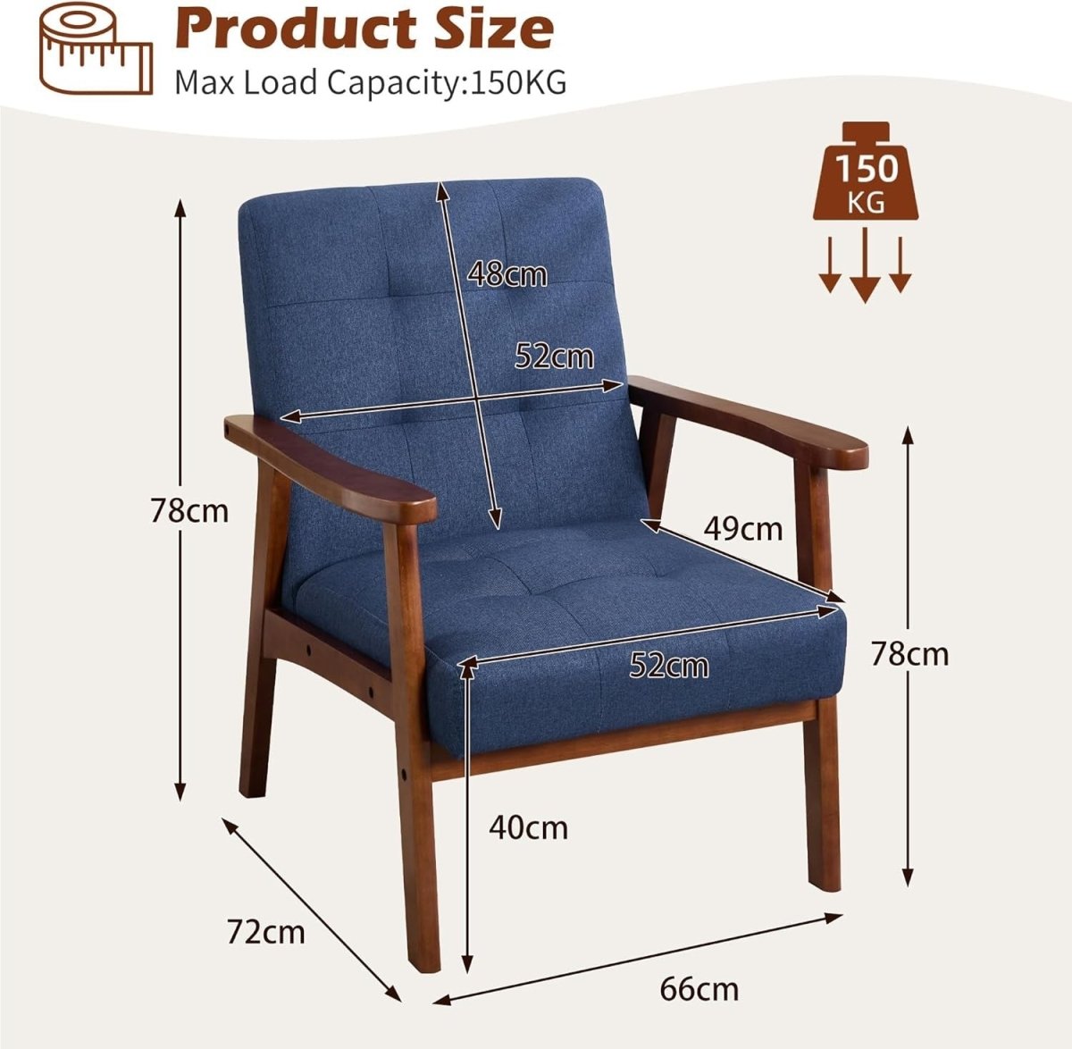 Mid‑Century Modern Upholstered Accent Chair – Blue Linen Lounge Armchair - Kwikley