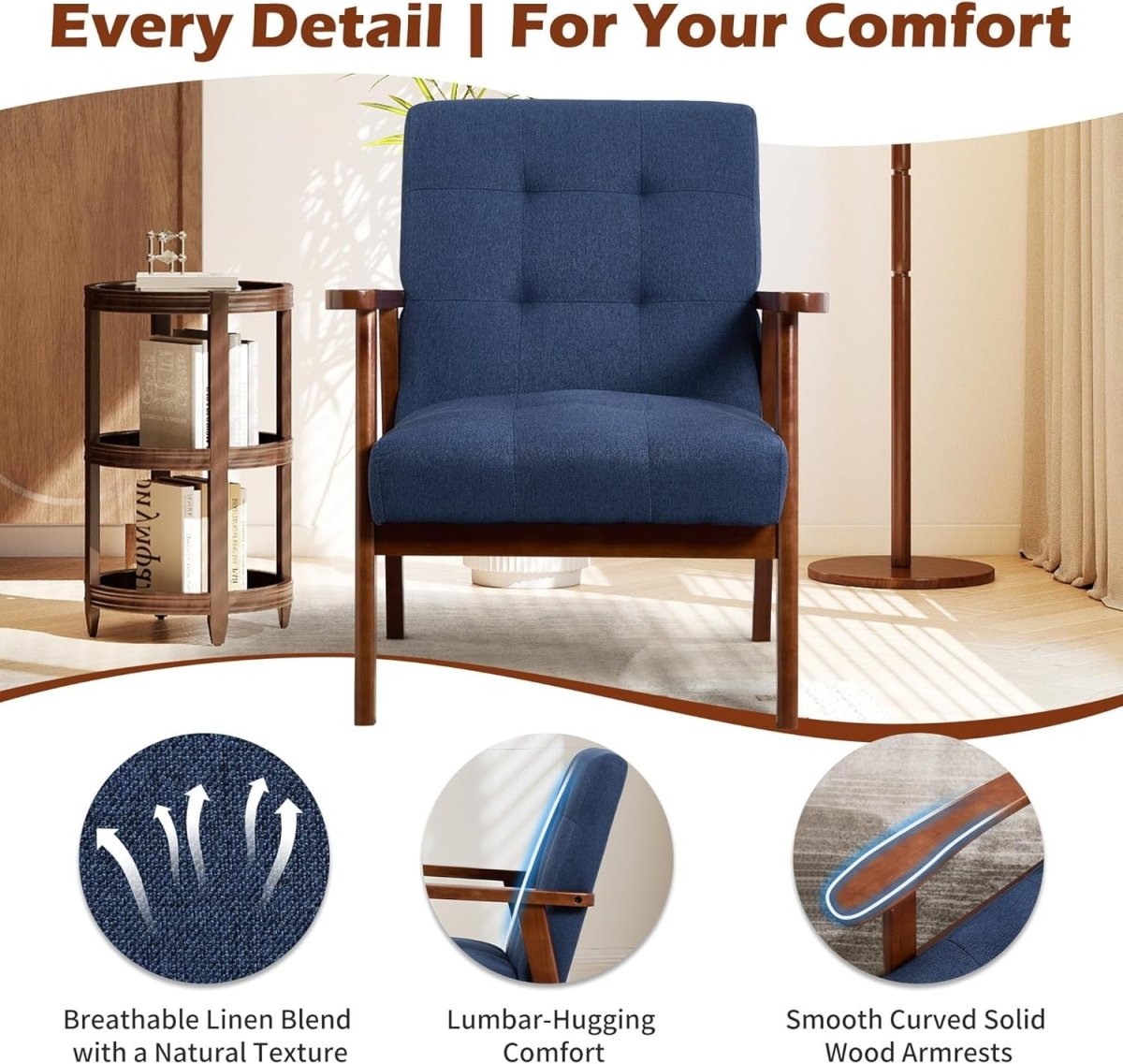 Mid‑Century Modern Upholstered Accent Chair – Blue Linen Lounge Armchair - Kwikley