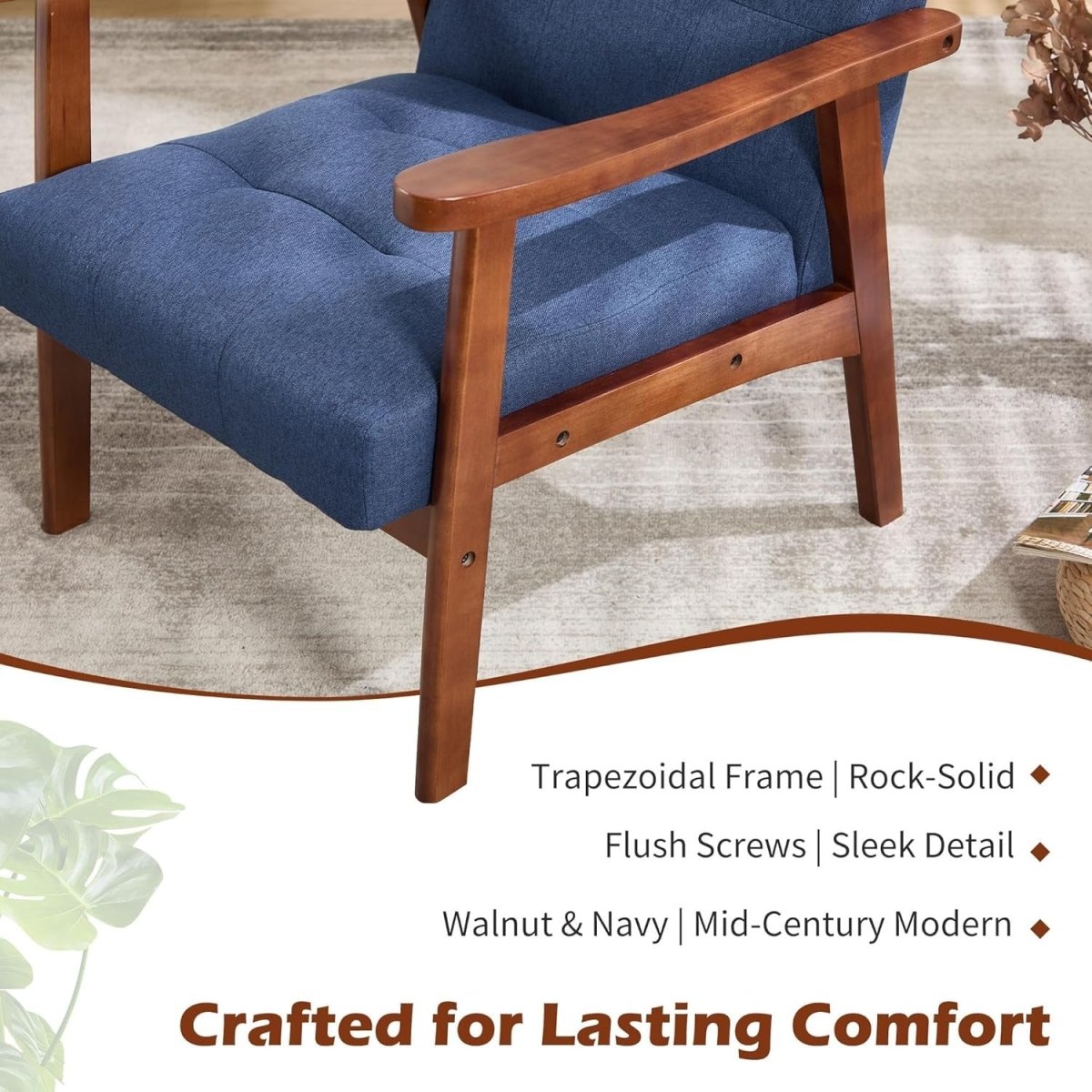 Mid‑Century Modern Upholstered Accent Chair – Blue Linen Lounge Armchair - Kwikley