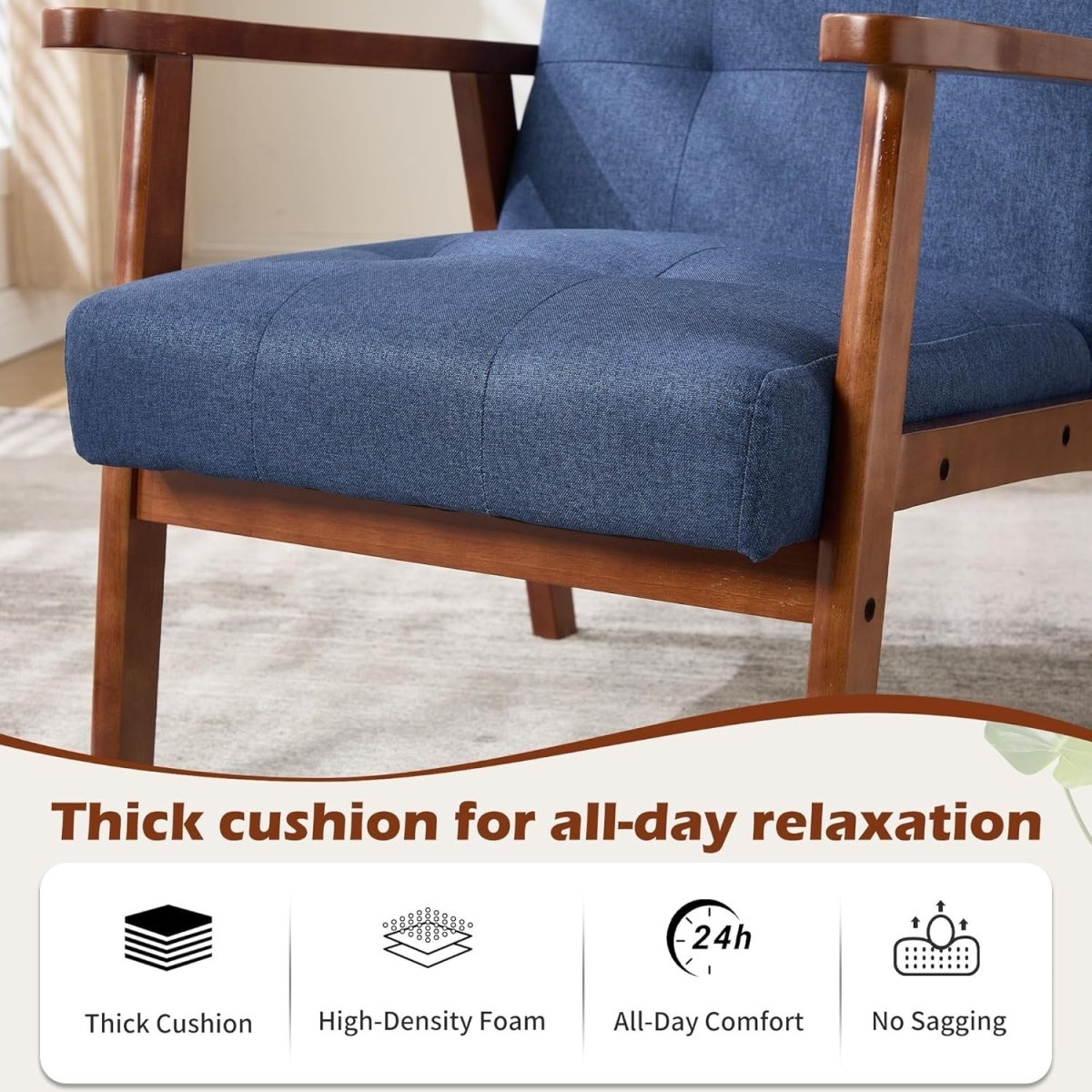 Mid‑Century Modern Upholstered Accent Chair – Blue Linen Lounge Armchair - Kwikley