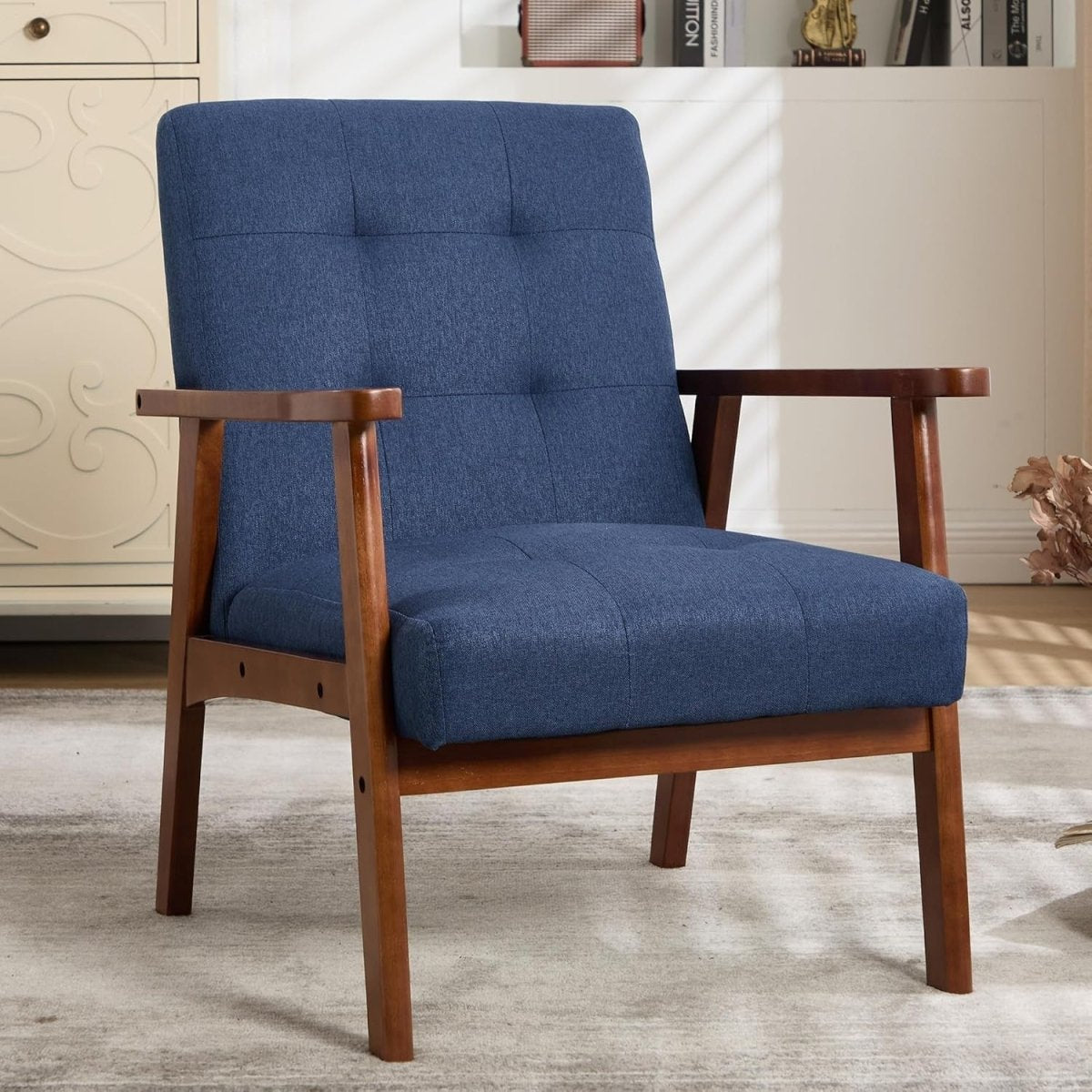 Mid‑Century Modern Upholstered Accent Chair – Blue Linen Lounge Armchair - Kwikley