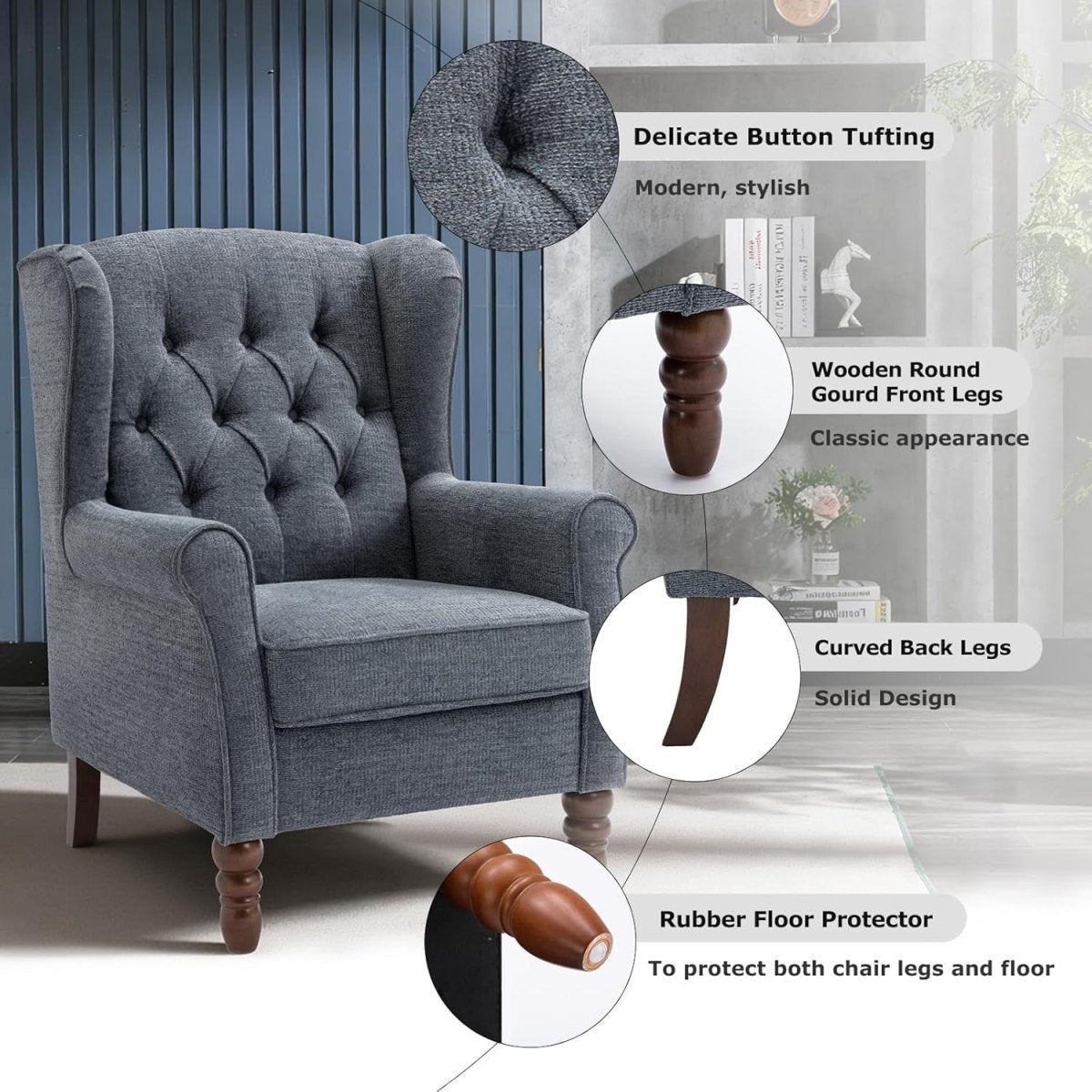 Mid‑Century Modern Wingback Accent Chair – Dark Blue Upholstered Armchair - Kwikley