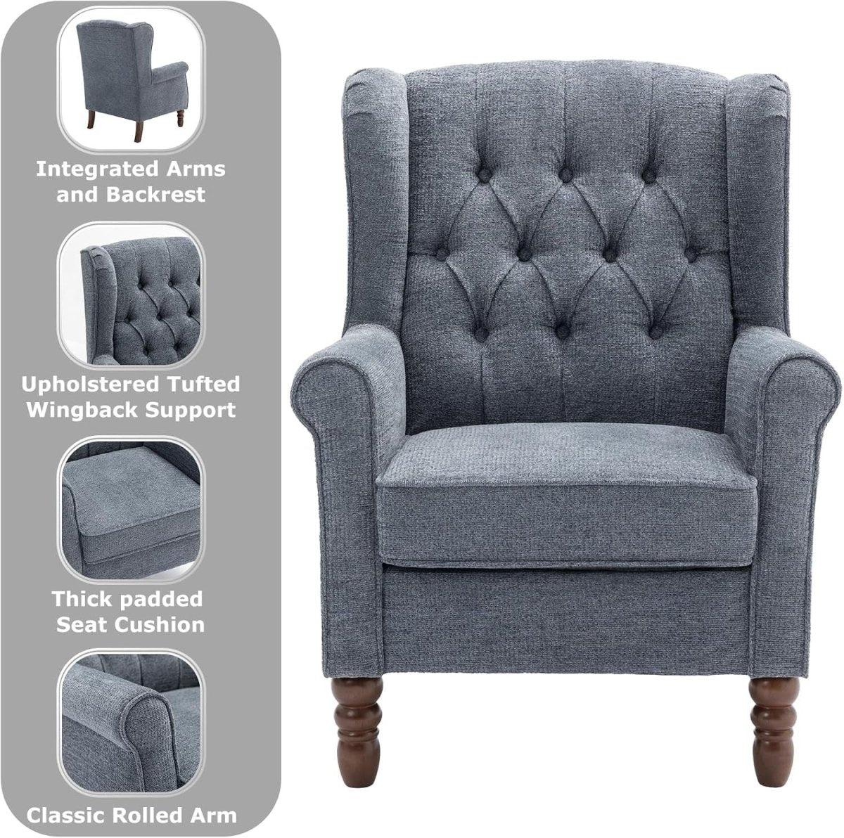 Mid‑Century Modern Wingback Accent Chair – Dark Blue Upholstered Armchair - Kwikley