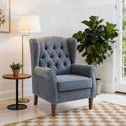 Mid‑Century Modern Wingback Accent Chair – Dark Blue Upholstered Armchair - Kwikley