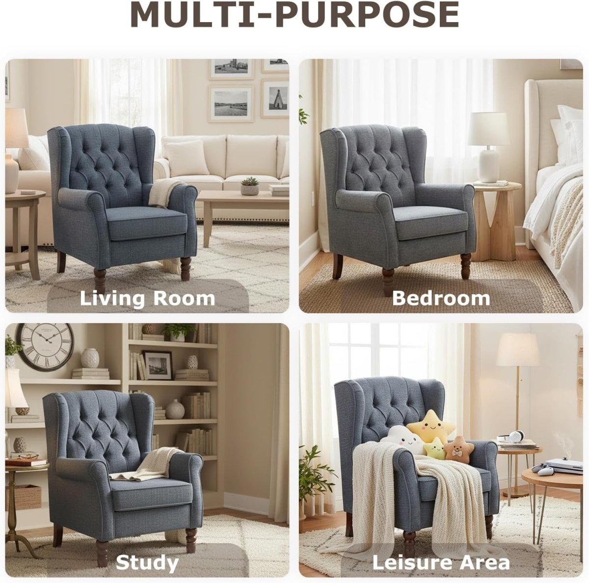 Mid‑Century Modern Wingback Accent Chair – Dark Blue Upholstered Armchair - Kwikley