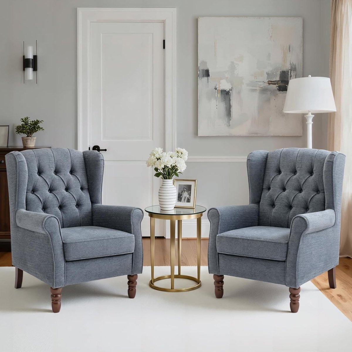 Mid‑Century Modern Wingback Accent Chair – Dark Blue Upholstered Armchair - Kwikley