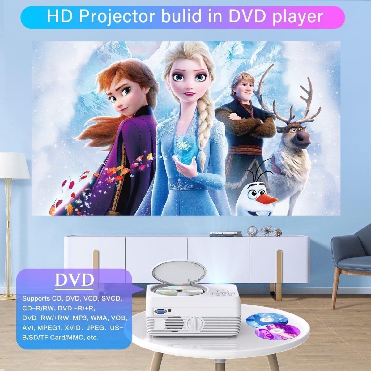 Mini DVD Projector 1080P 8000LM WiFi Bluetooth 250” HDMI USB - Kwikley