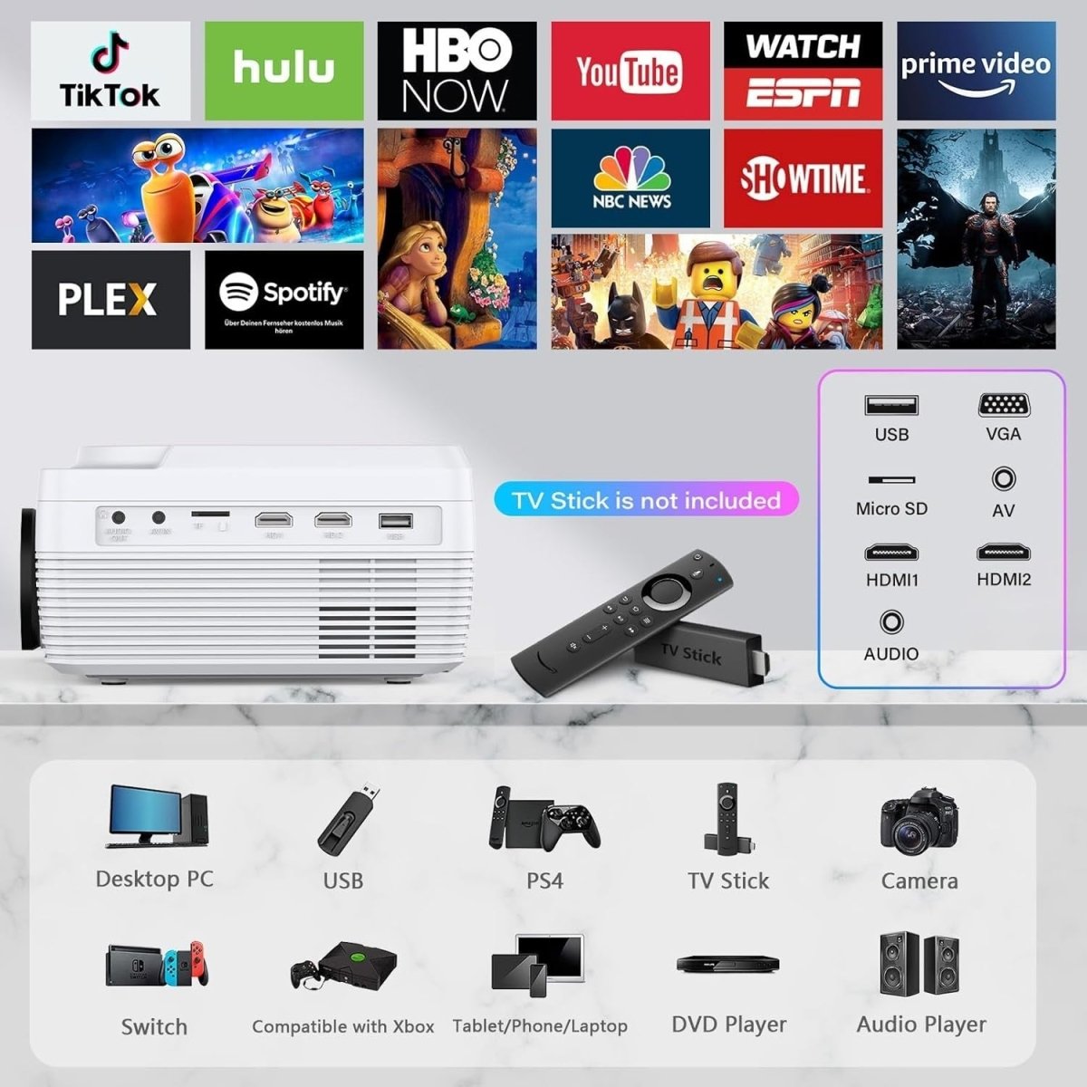 Mini DVD Projector 1080P 8000LM WiFi Bluetooth 250” HDMI USB - Kwikley