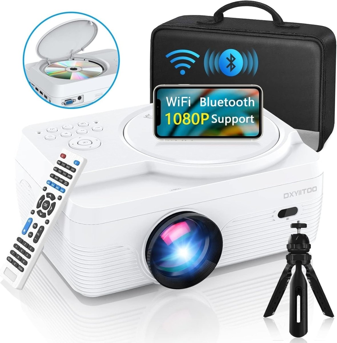 Mini DVD Projector 1080P 8000LM WiFi Bluetooth 250” HDMI USB - Kwikley