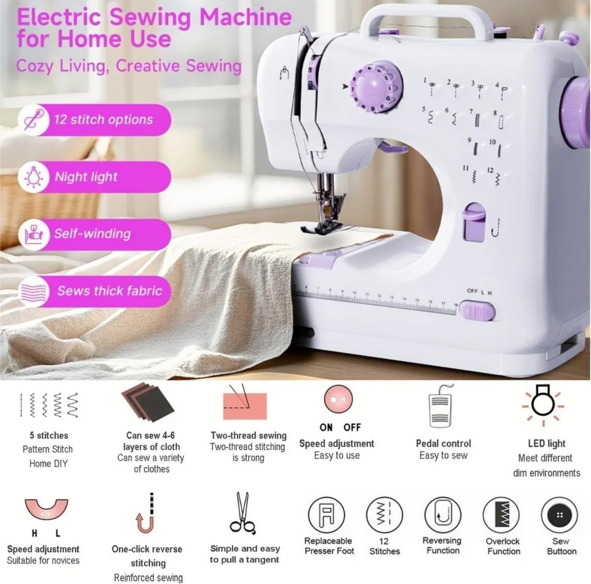 Mini Sewing Machine 12 Stitch Double Speed Foot Pedal Reverse Sew - Kwikley