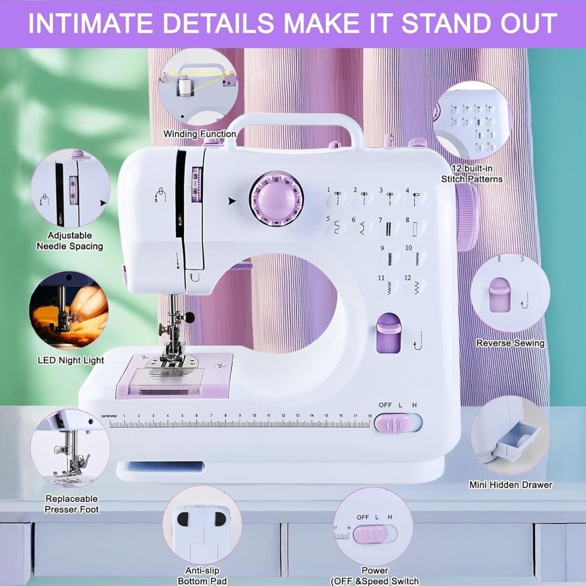 Mini Sewing Machine 12 Stitch Double Speed Foot Pedal Reverse Sew - Kwikley