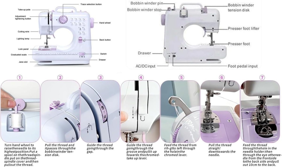 Mini Sewing Machine 12 Stitch Double Speed Foot Pedal Reverse Sew - Kwikley