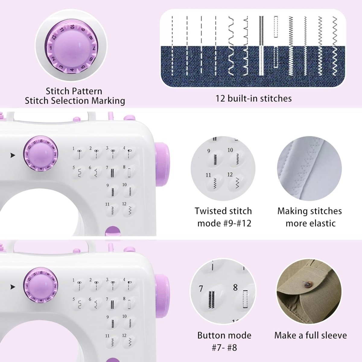 Mini Sewing Machine 12 Stitch Portable Electric LED Light Sewing Kit - Kwikley