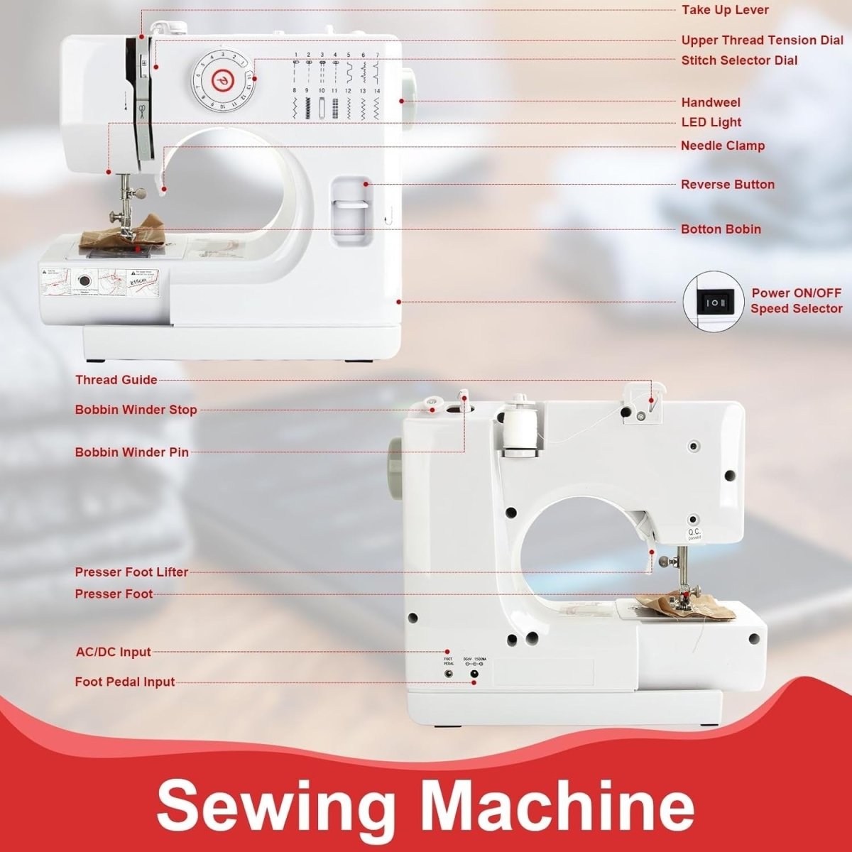 Mini Sewing Machine 14 Stitch Double Speed Reverse Stitch Foot Pedal - Kwikley