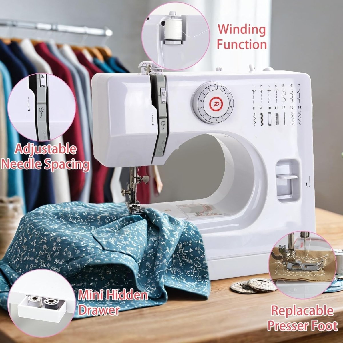 Mini Sewing Machine 14 Stitch Double Speed Reverse Stitch Foot Pedal - Kwikley