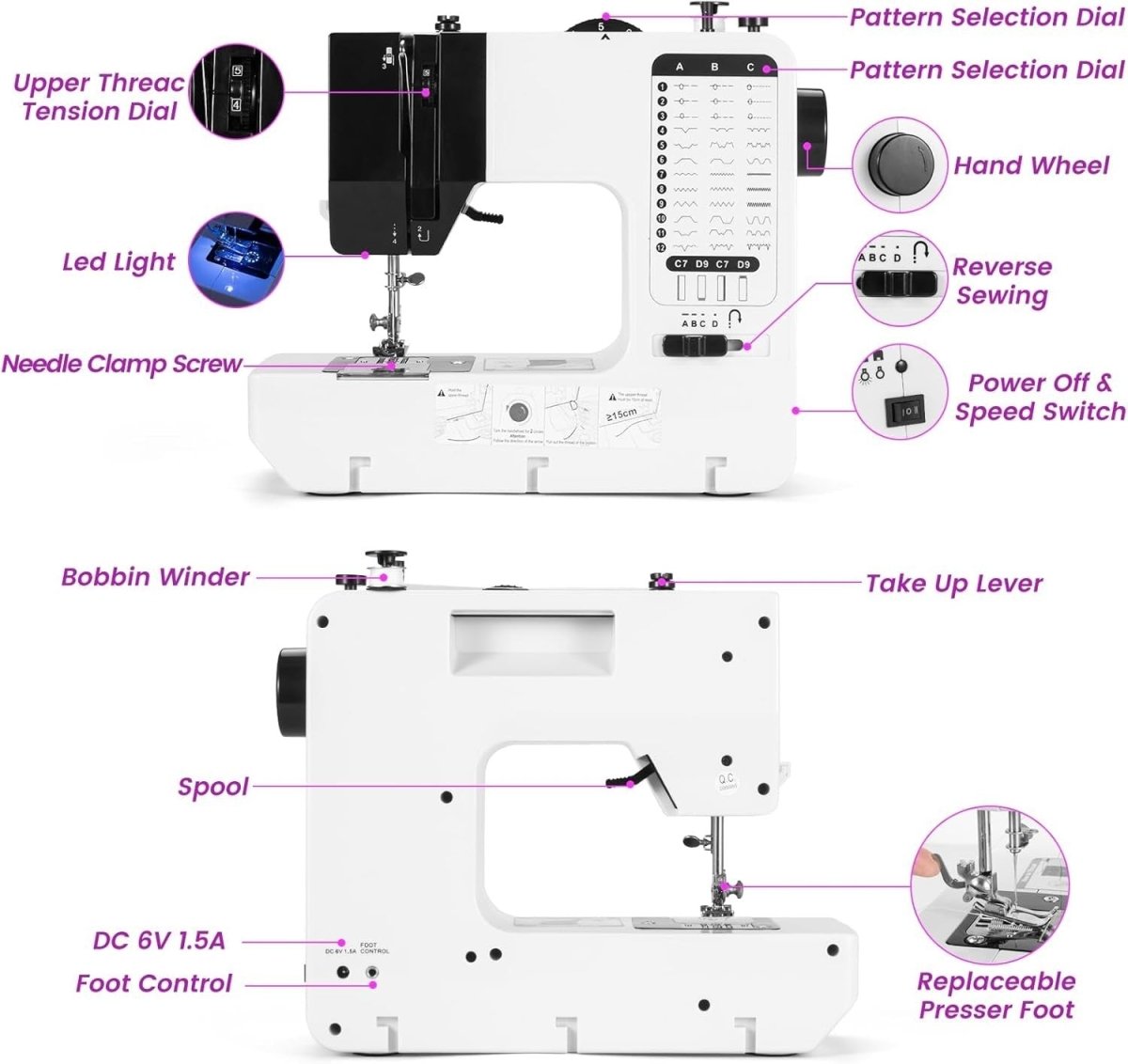 Mini Sewing Machine 38 Stitches Adjustable Speed Foot Pedal Kit - Kwikley