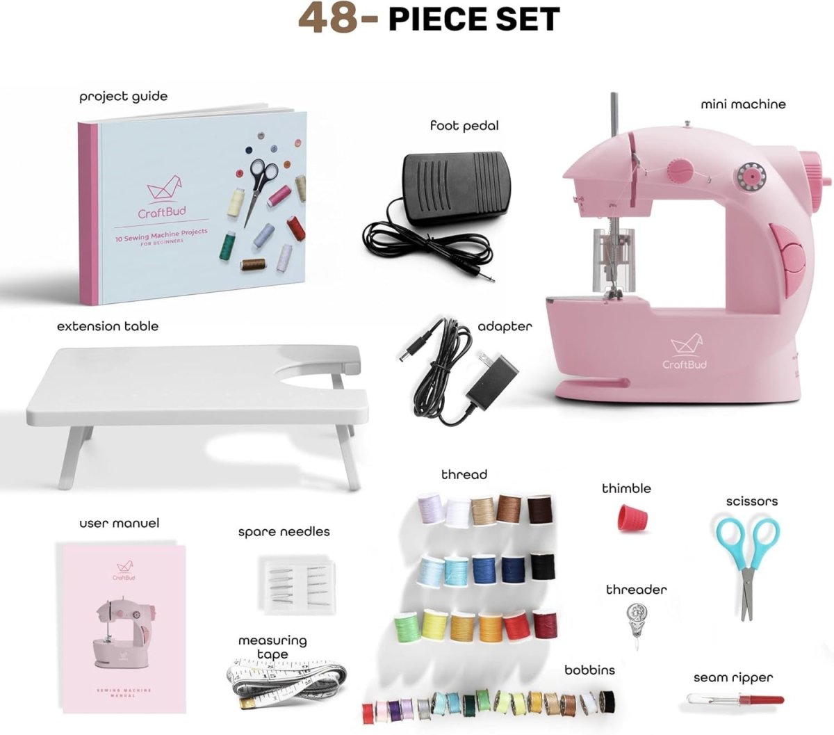 Mini Sewing Machine Kit Portable Beginner Kids Adult 48pc Set Pink - Kwikley