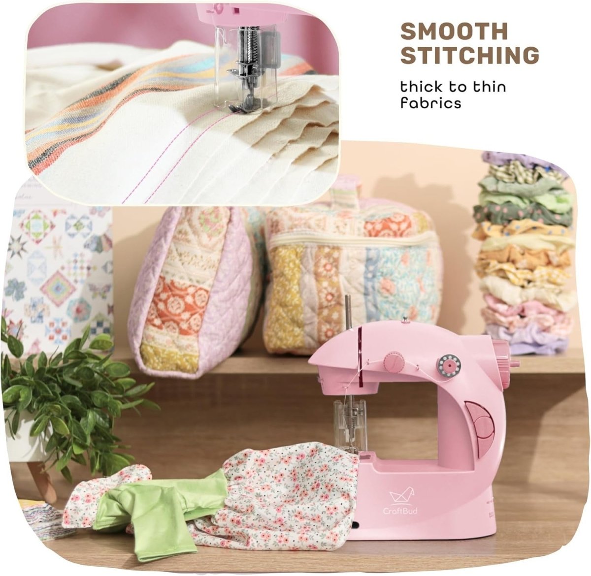 Mini Sewing Machine Kit Portable Beginner Kids Adult 48pc Set Pink - Kwikley