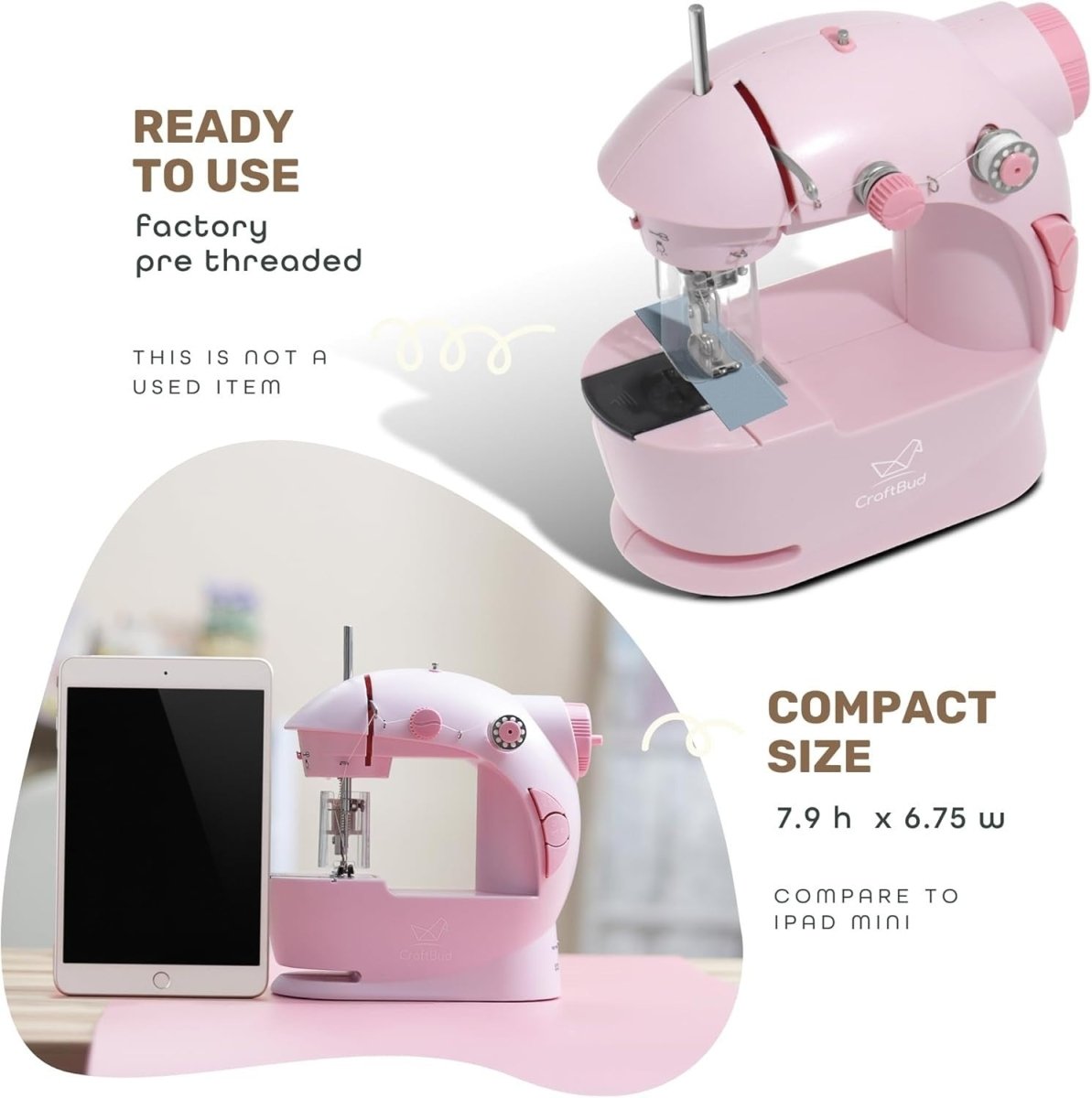 Mini Sewing Machine Kit Portable Beginner Kids Adult 48pc Set Pink - Kwikley