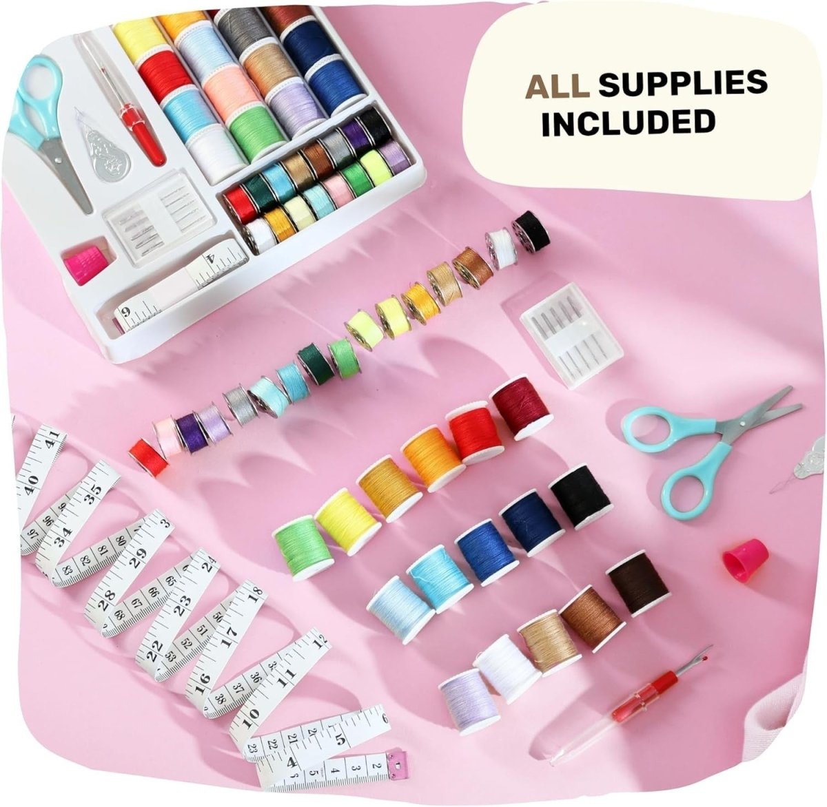 Mini Sewing Machine Kit Portable Beginner Kids Adult 48pc Set Pink - Kwikley