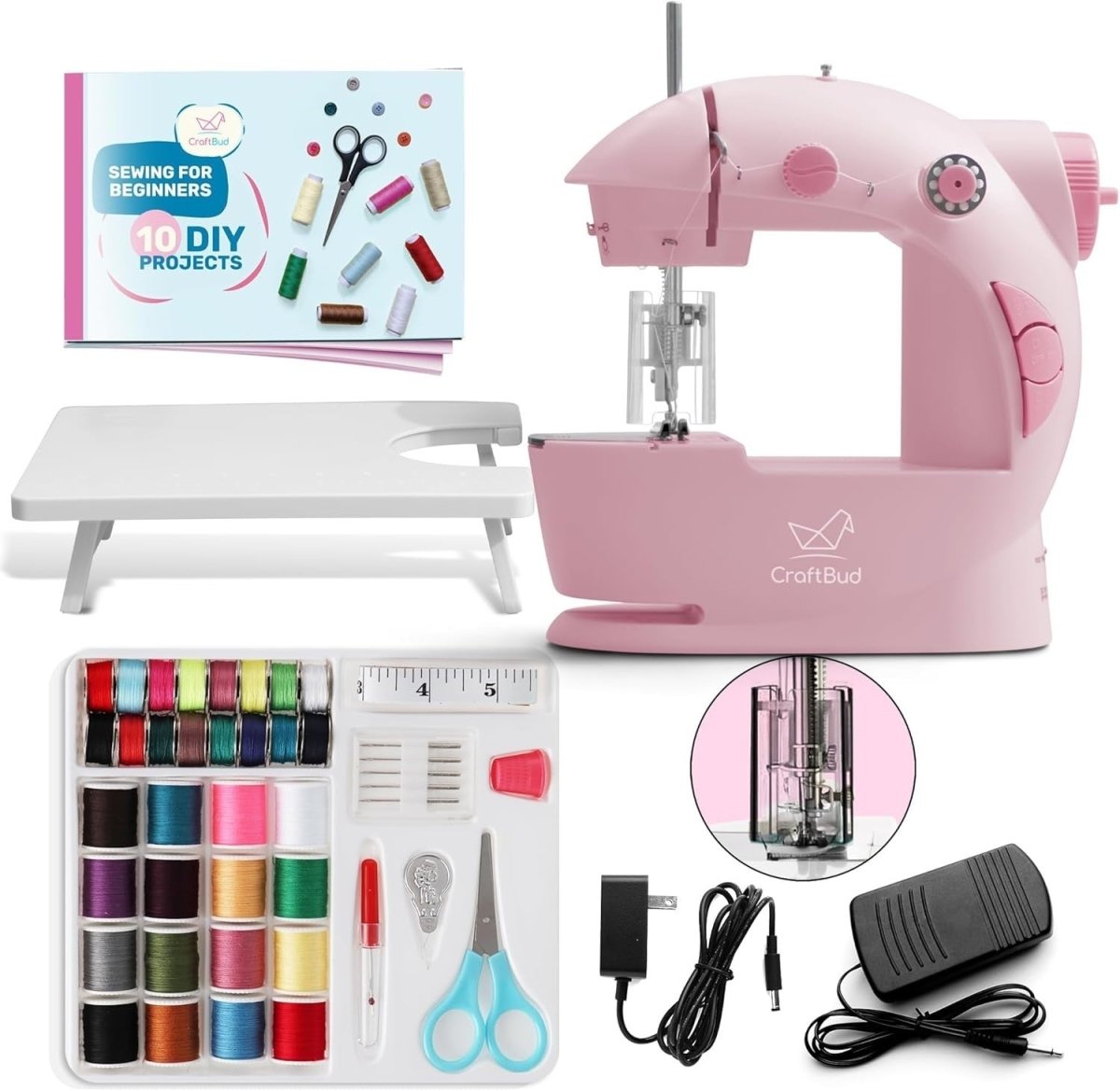 Mini Sewing Machine Kit Portable Beginner Kids Adult 48pc Set Pink - Kwikley