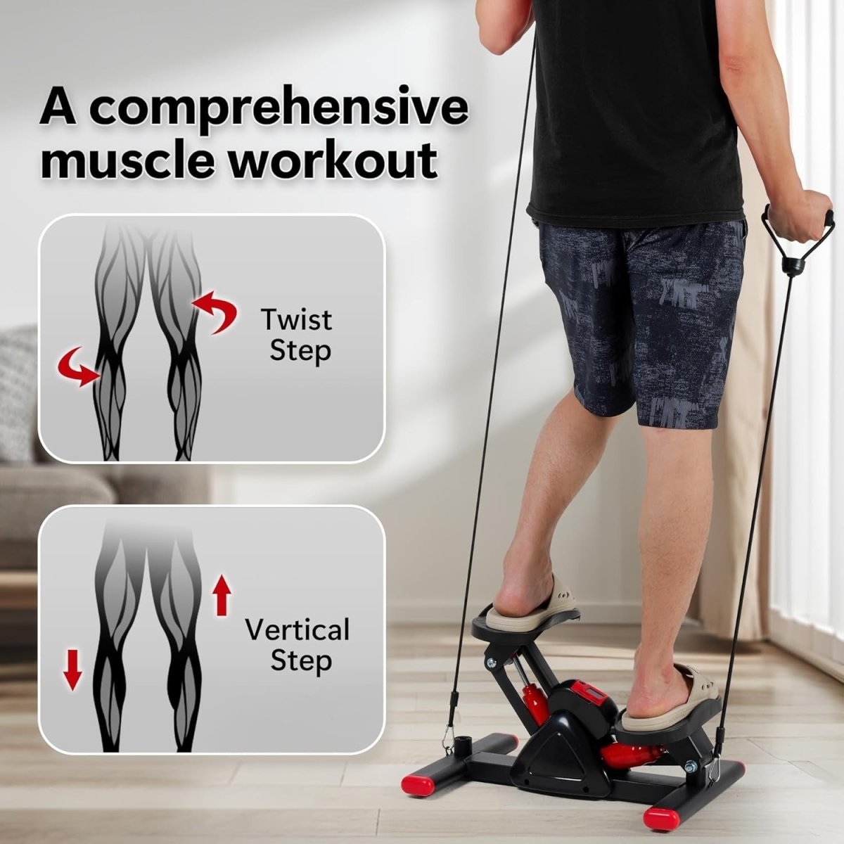 Mini Twist Stepper w/ LCD Monitor, Hydraulic System & Resistance Bands – Red - Kwikley