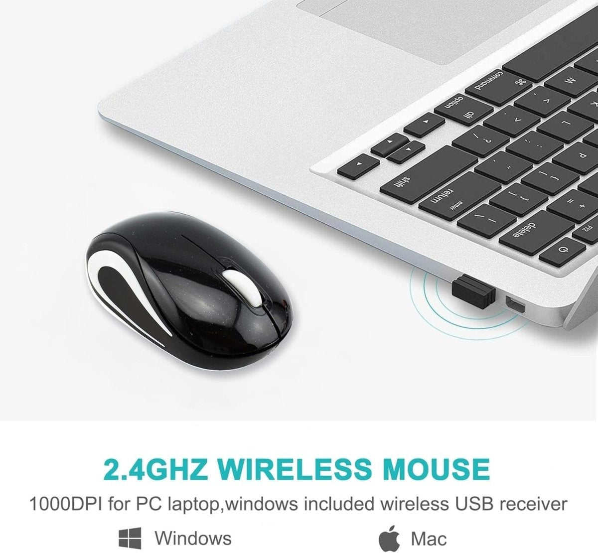 Mini Wireless USB Mouse 1600 DPI Compact Travel Portable Black - Kwikley