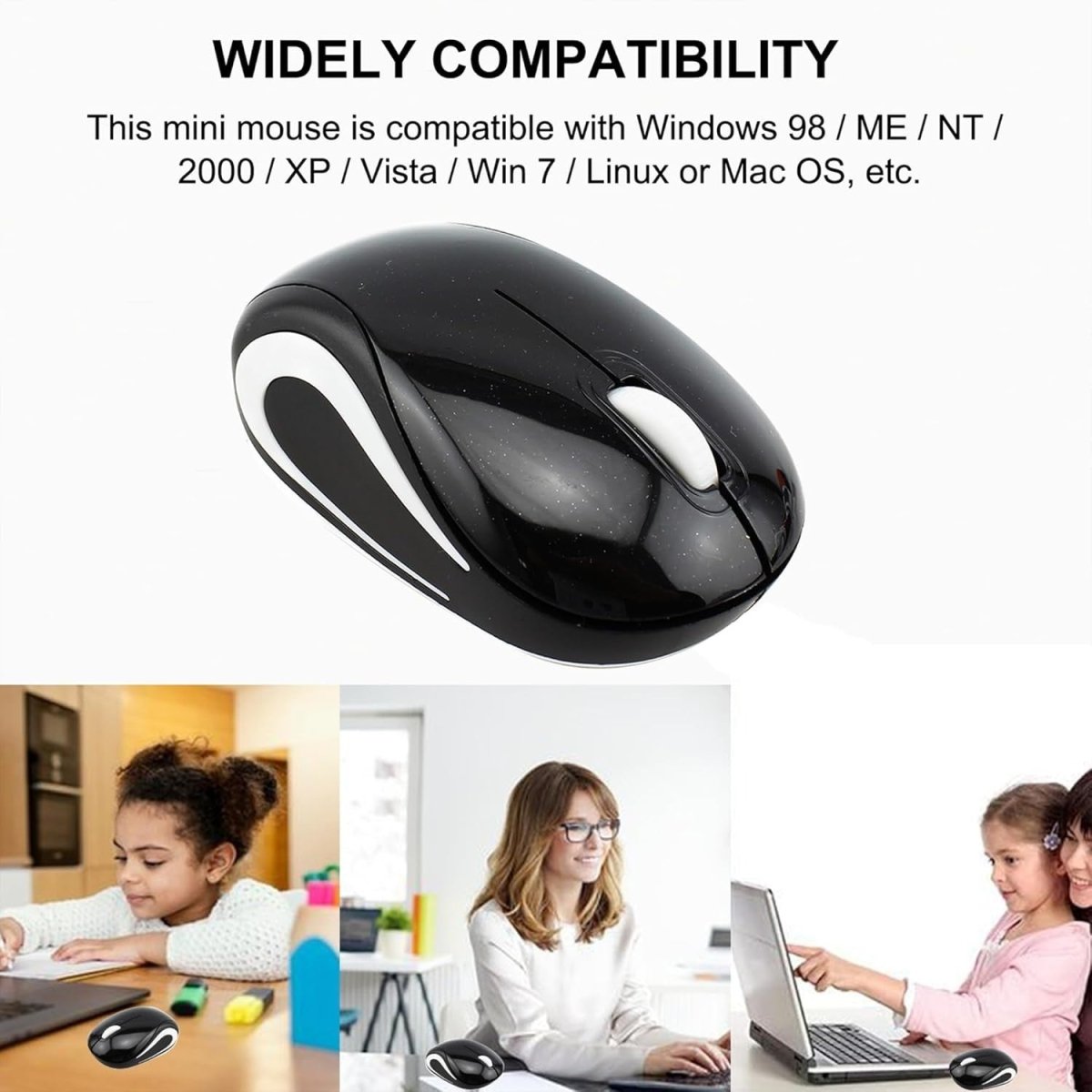 Mini Wireless USB Mouse 1600 DPI Compact Travel Portable Black - Kwikley