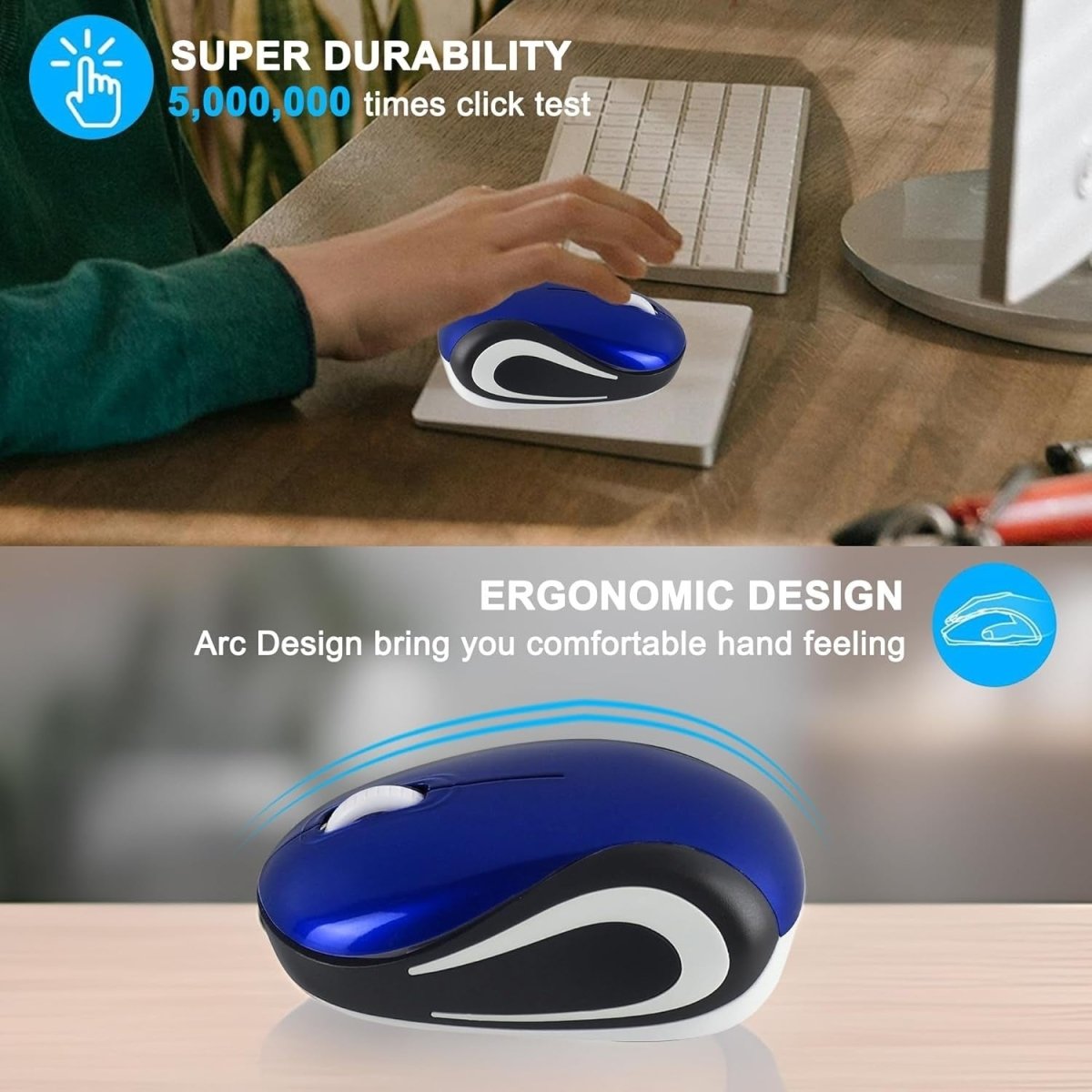 Mini Wireless USB Mouse 1600 DPI Compact Travel Portable Blue - Kwikley