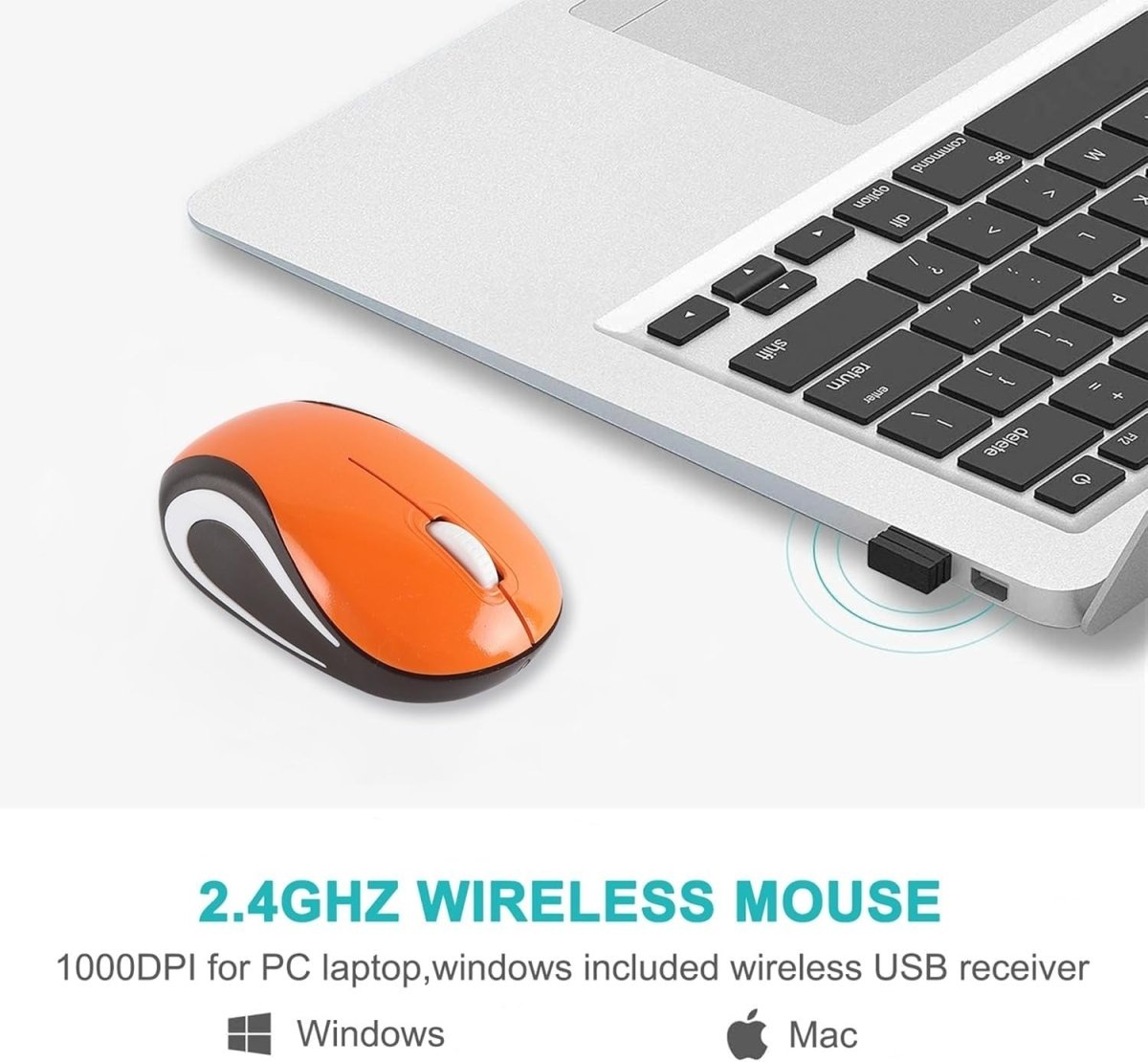 Mini Wireless USB Mouse 1600 DPI Compact Travel Portable Orange - Kwikley