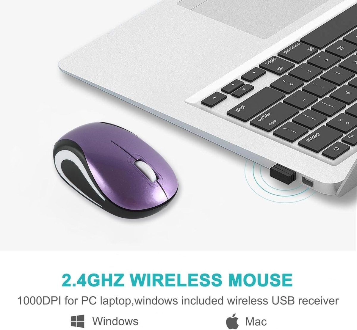 Mini Wireless USB Mouse 1600 DPI Compact Travel Portable Purple - Kwikley