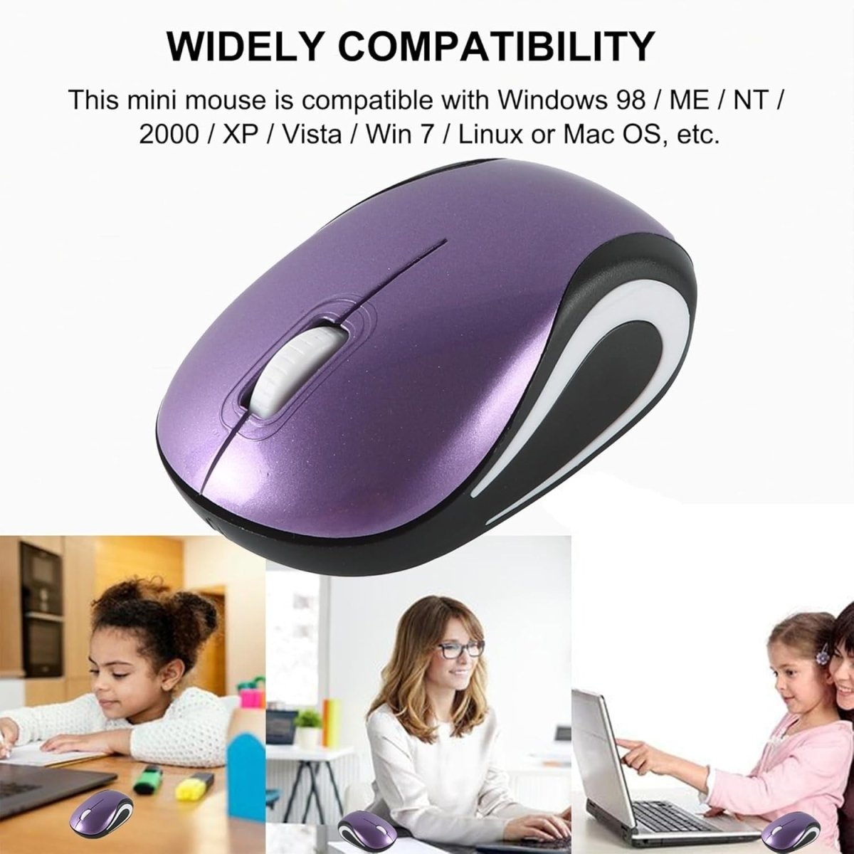 Mini Wireless USB Mouse 1600 DPI Compact Travel Portable Purple - Kwikley