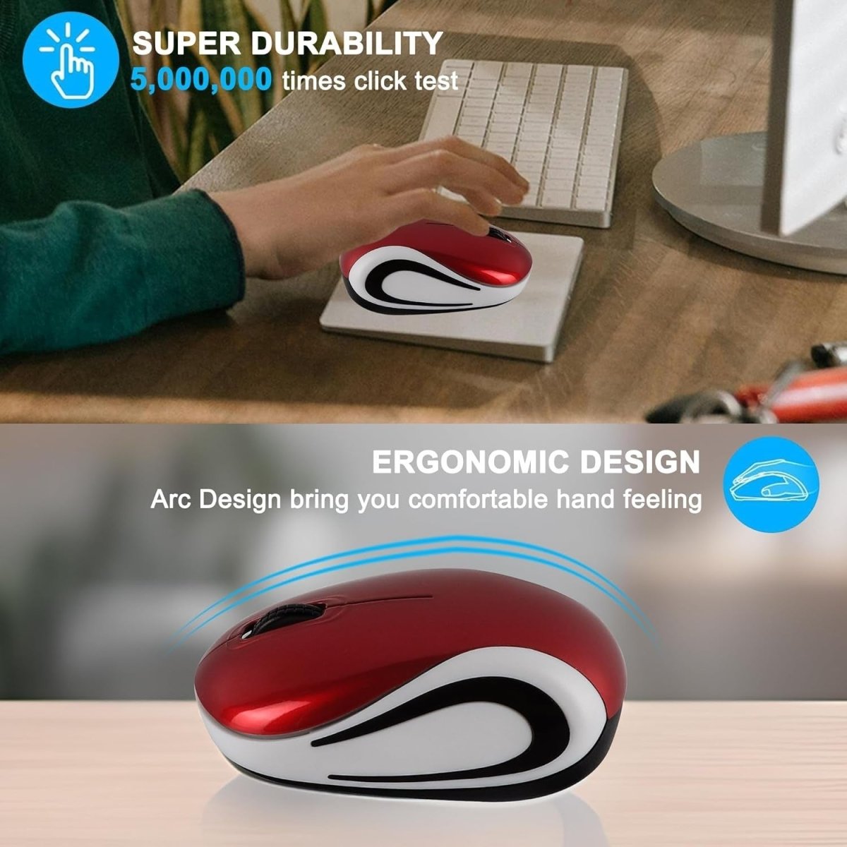 Mini Wireless USB Mouse 1600 DPI Compact Travel Portable Red - Kwikley