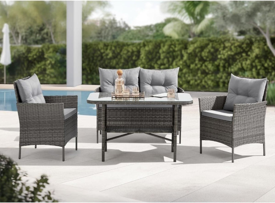 Mixed Grey Rattan 4 Seat Garden Dining Lounge Set Sofa Chairs Glass Table - Kwikley