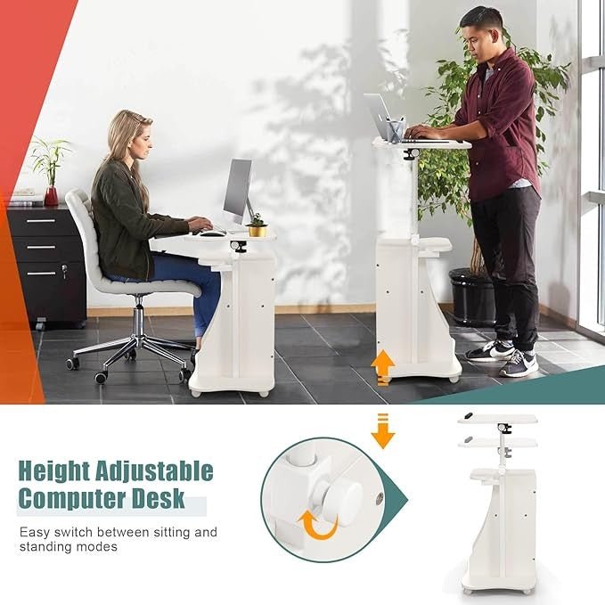Mobile Laptop Table Adjustable Sit Stand Desk with Storage Wheels White - Kwikley