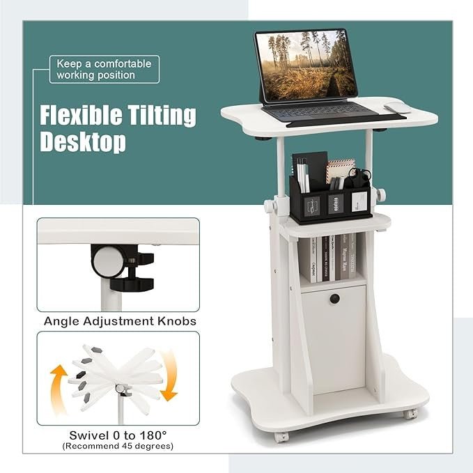Mobile Laptop Table Adjustable Sit Stand Desk with Storage Wheels White - Kwikley
