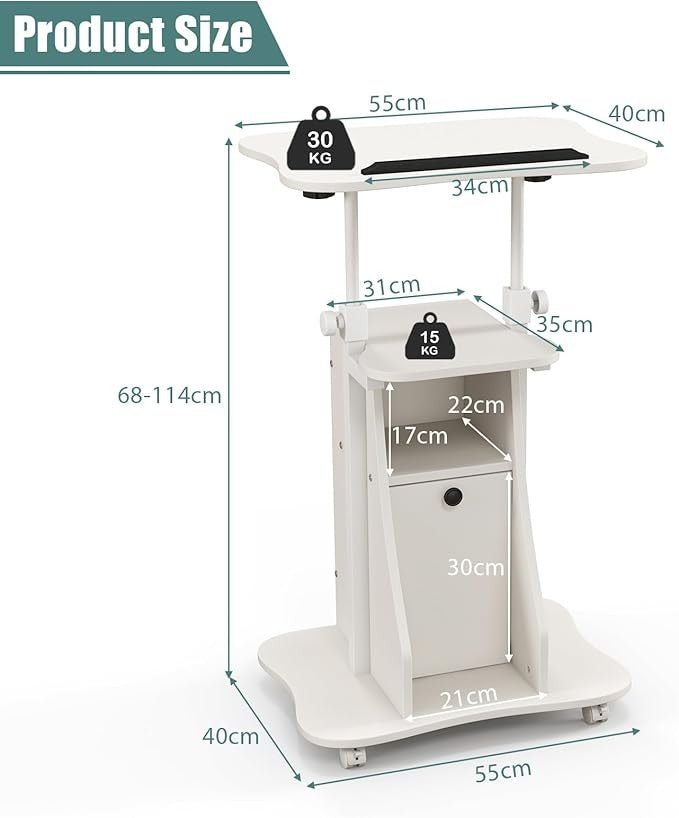 Mobile Laptop Table Adjustable Sit Stand Desk with Storage Wheels White - Kwikley