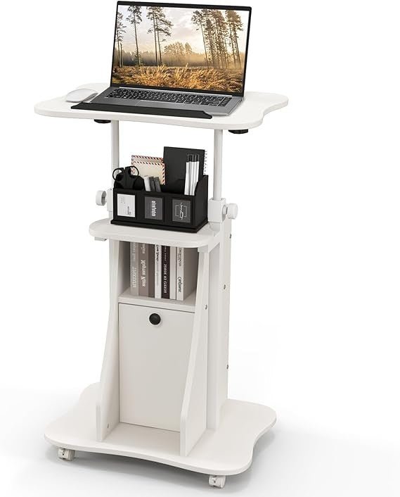 Mobile Laptop Table Adjustable Sit Stand Desk with Storage Wheels White - Kwikley